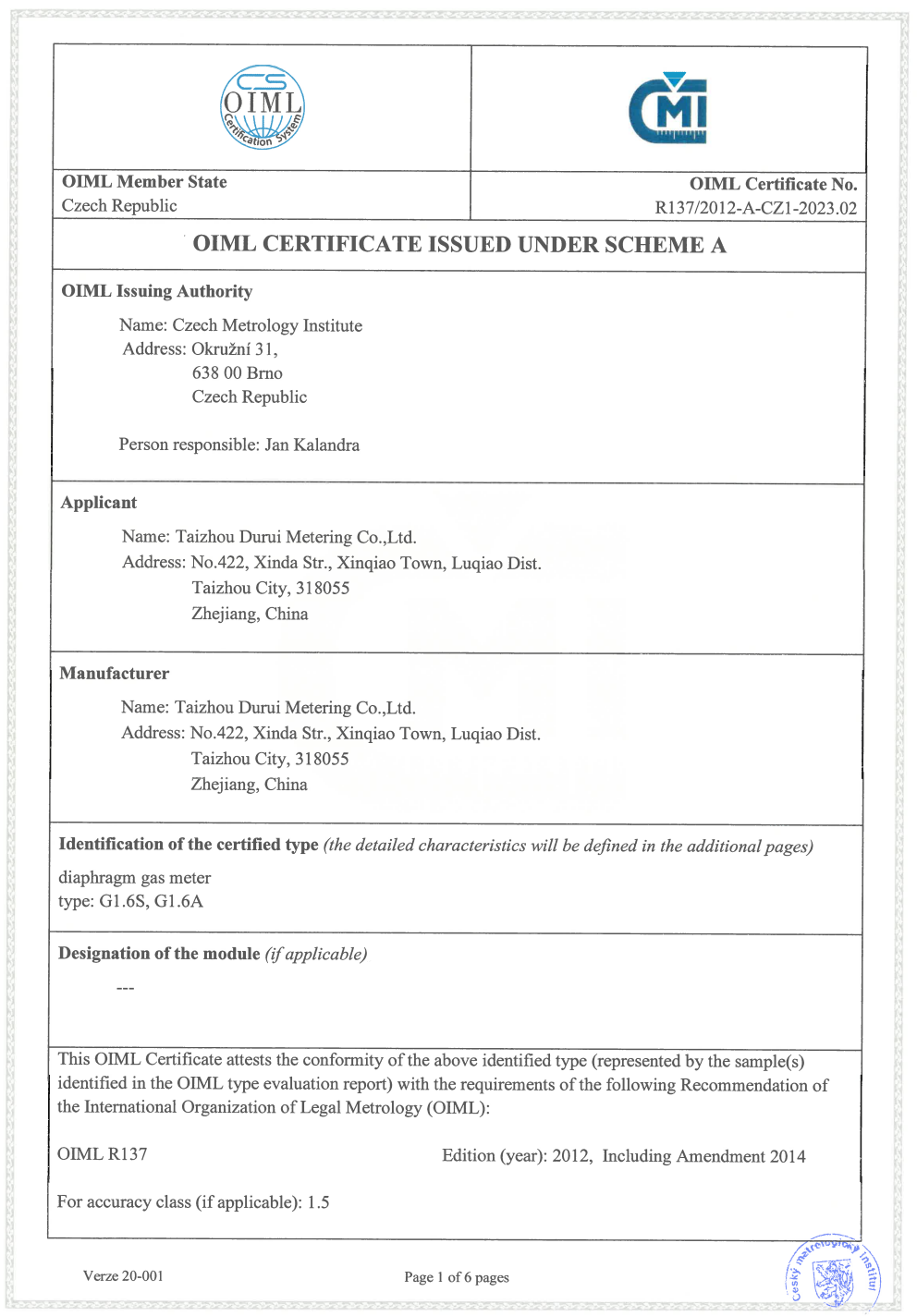 OIML R137 Certificate