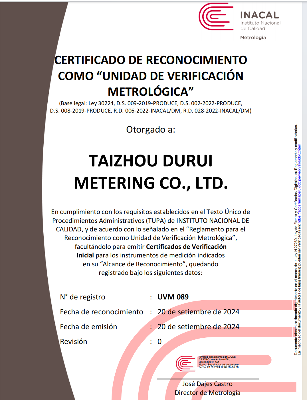 Factory audit and certificate by INACAL